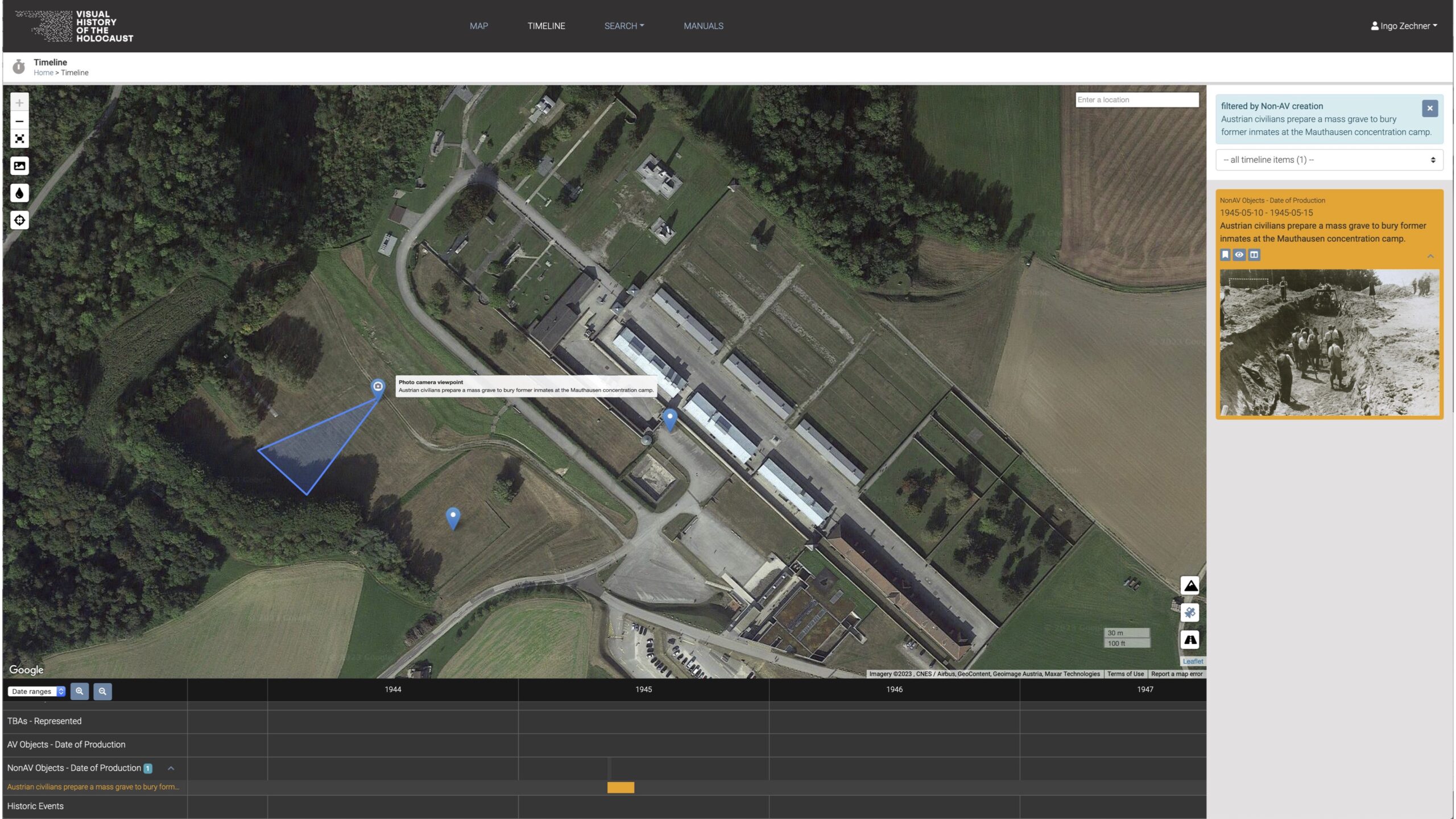 This event poster shows an excerpt from a database with a Google Maps satellite image of the Mauthausen Memorial in Upper Austria and a 1945 photograph ("Austrian civilians prepare a mass grave to bury former inmates at the Mauthausen concentration camp") geo-referenced on the map.